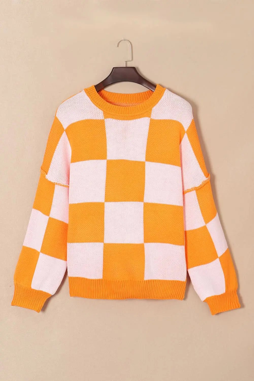 Orange Checkered Bishop Sleeve Sweater - Love Salve